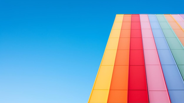 A tall building with a rainbow colored facade