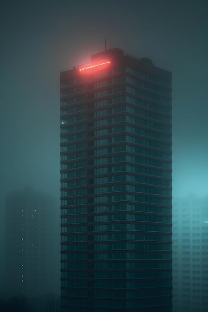 A tall building with a red light on top of it