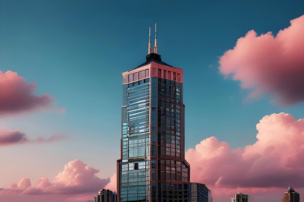 a tall building with a red top and a pink cloud in the sky ai generated