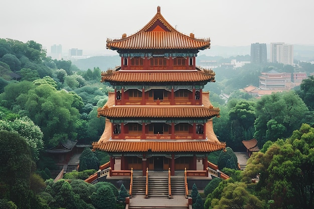 Photo a tall building with a tower in the middle of trees and buildings in the background in the distance