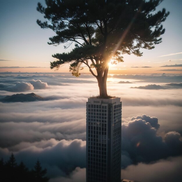 a tall building with a tree on top of it