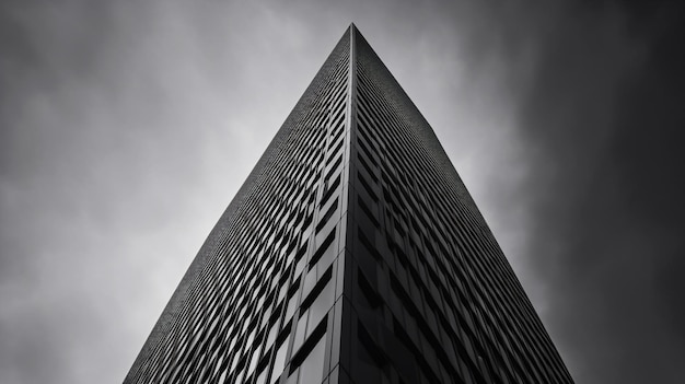 A tall building with a triangular shape and the word bank on it.