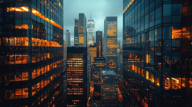 Tall Buildings in a City at Night