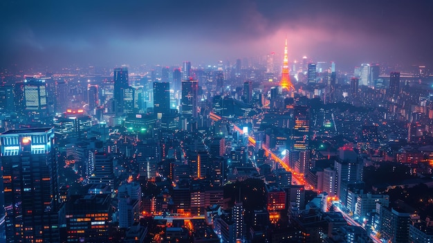 夜の都市風景の高層ビル