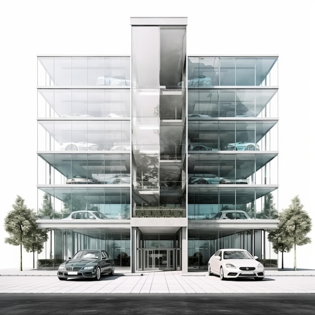 tall bussines building made og glass guturistic luxury cars on parking lot