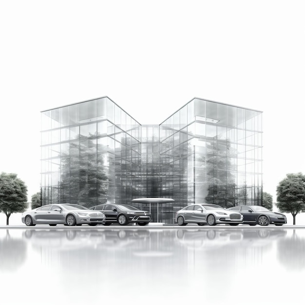 tall bussines building made og glass guturistic luxury cars on parking lot