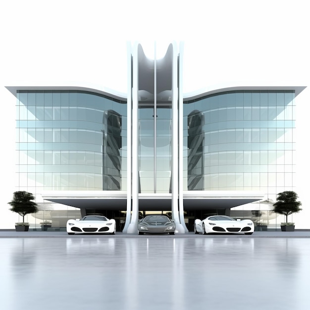 駐車場にあるガラス製の背の高い商業施設の典型的な高級車