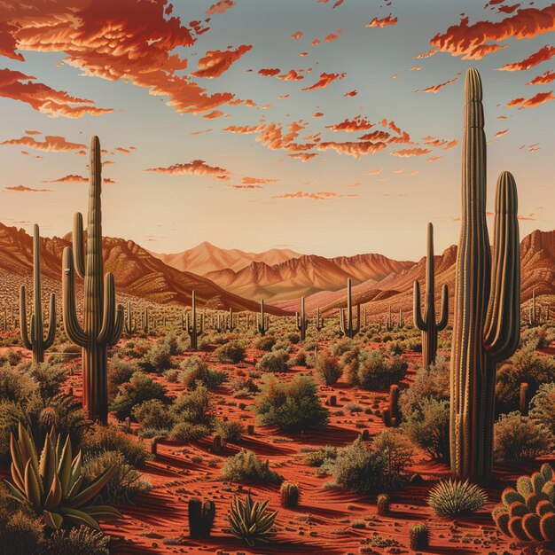 the tall cacti are now deserted bright desert background sunset