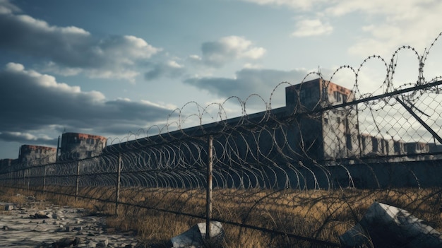 A tall chainlink fence topped with menacing barbed wire encircling a secure facility the composition conveys a strong sense of security and restriction