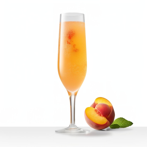 A tall champagne glass full of peach juice and peach isolated on white background