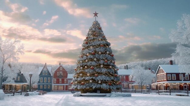 Tall Christmas Tree in the middle of a village square Generative AI