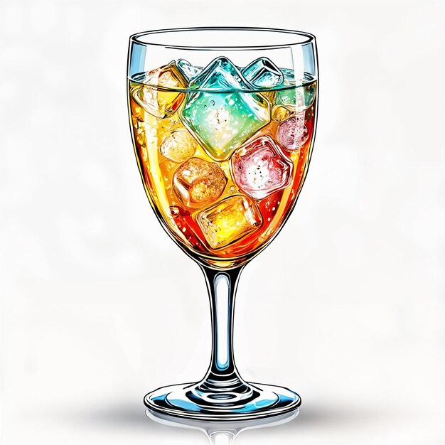 A tall clear glass filled with ice cubes and colorful liquid placed on a reflective surface