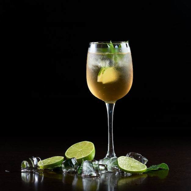 Bicchiere da cocktail in cristallo alto con bevanda succosa rinfrescante fredda, fette di lime, foglie di menta verde fresca e cubetti di ghiaccio trasparenti