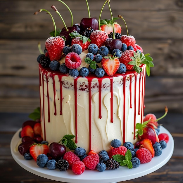 Tall and delicious cake with buttercream and different fresh berries raspberries strawberries