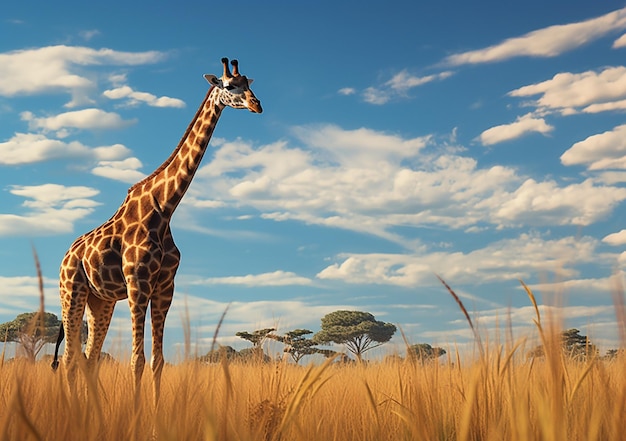 tall giraffe standing in a field of tall grass with trees in the background generative ai