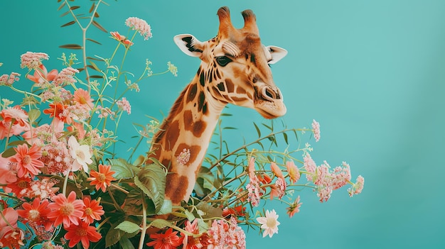 A tall giraffe stands in a field of flowers The giraffe is surrounded by colorful flowers of all different shapes and sizes