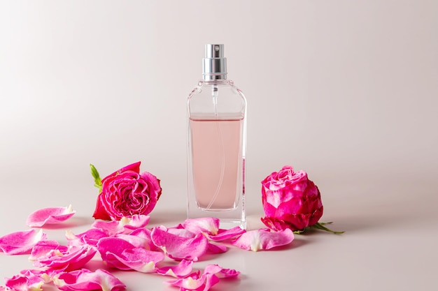 A tall glass bottle of perfume or eau de toilette among rose petals and rosebuds Front view Template for cosmetic product An empty bottle layout