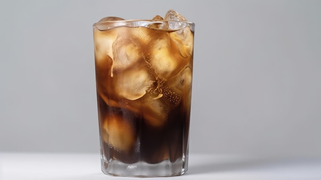 A tall glass filled with ice and cola generative AI