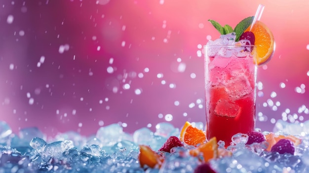 氷 と 果実 で 満たさ れ た 高い グラス