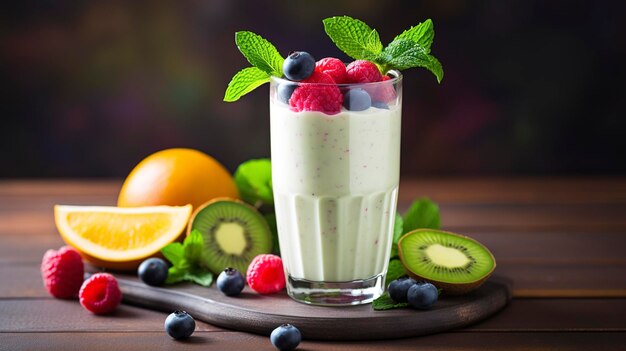 A tall glass filled with a refreshing and colorful yogurt smoothie garnished with fresh fruits and