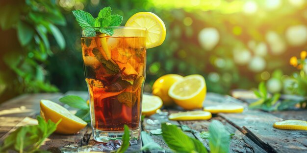 Photo a tall glass of iced tea garnished with lemon wedges and fresh mint