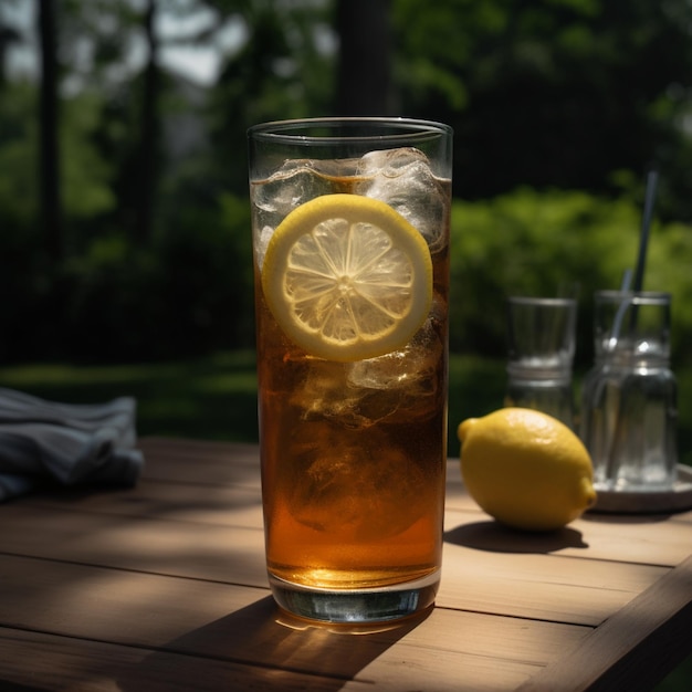 Foto un bicchiere alto di tè ghiacciato e limonata mescolato con condensazione all'esterno