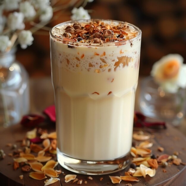 Photo a tall glass of milk with spices on top