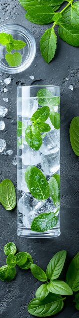 A tall glass of mint water with ice cubes and green leaves on the side