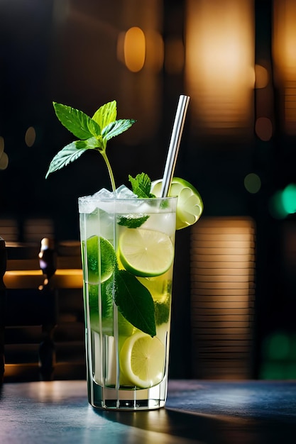 A tall glass of mojito with a straw and a straw.