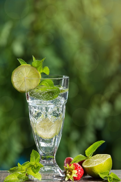 In a tall glass a refreshing drink with the addition of mint, lime and ice