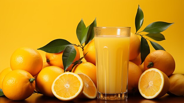 Tall glass of tasty freshly squeezed orange juice standing on an outdoor wooden picnic table on a ho