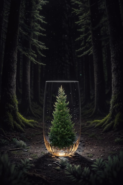 A tall glass with a christmas tree inside