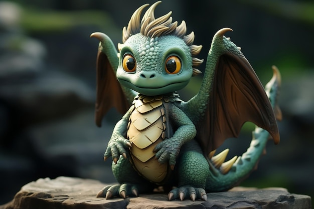 Tall Green Baby Dragon Sitting on His Rock Generative AI