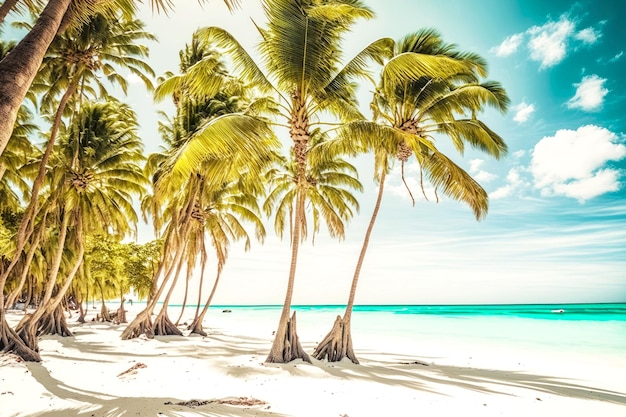 Tall green palm trees on coastline at Maldives tropical island resort