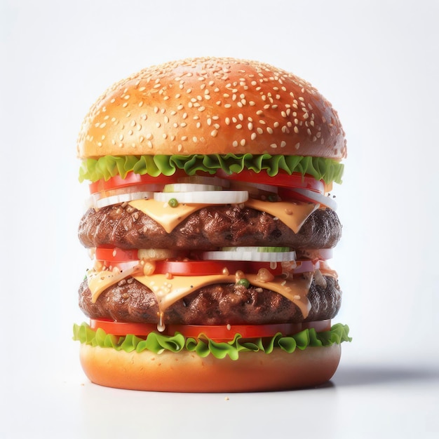 Высокий и сытный гамбургер на белом фоне