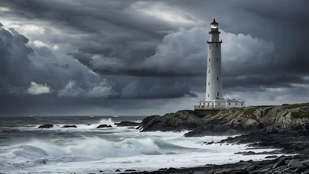 Tall lighthouse at the north sea under a cloudy sky