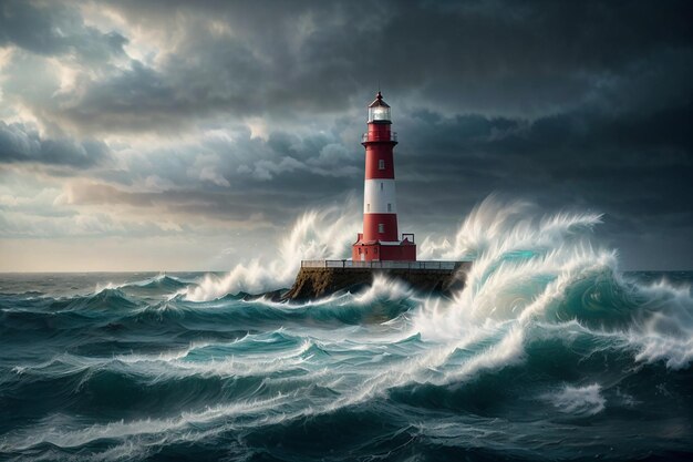 Tall lighthouse at the north sea under a cloudy sky