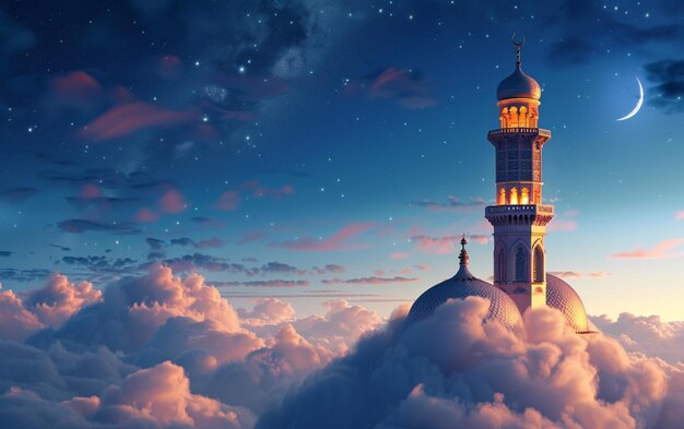 Tall mosque dome above the clouds with Ramadan lantern on the clouds