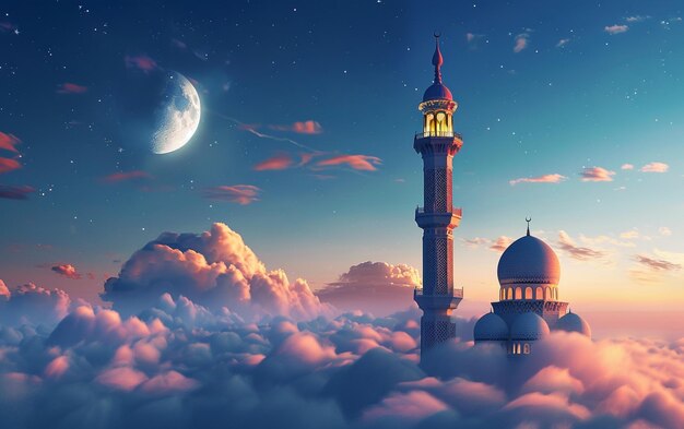 Photo tall mosque dome above the clouds with ramadan lantern on the clouds