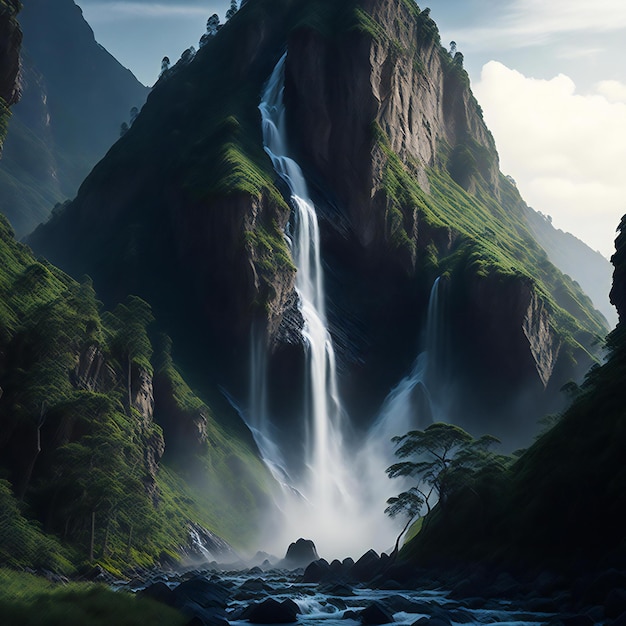 a tall mountain with a majestic waterfall