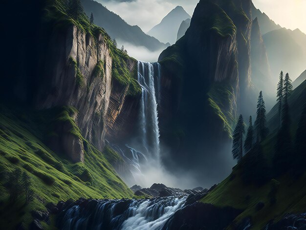 Photo tall mountain with a majestic waterfall