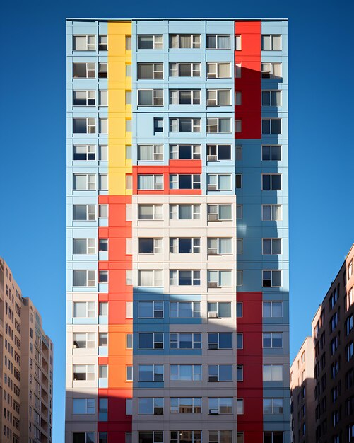 A tall multicolored building on a city street