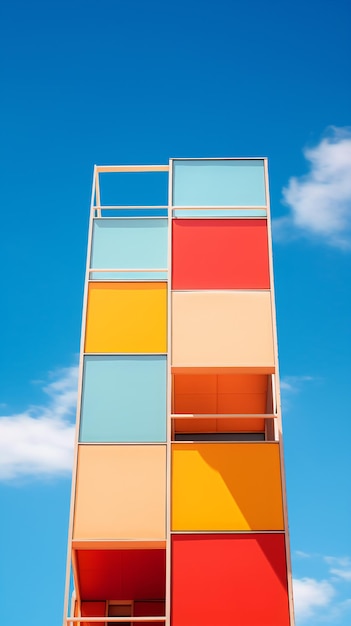 A tall multicolored building with a sky background