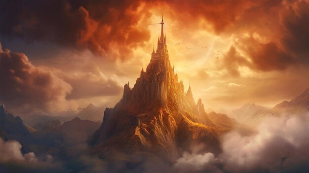 黄金の時間帯に下に雲の底がある神話上の高い尖塔の山 Generative Ai