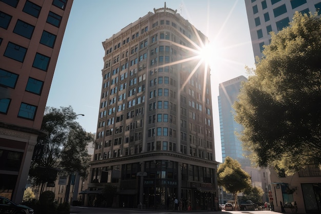 Tall office building with sundappled windows and bustling streetscape in the background created with generative ai