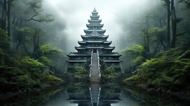 A tall pagoda in the middle of a forest ai