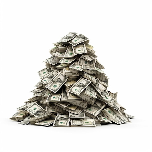 Photo tall pile of us currency falling us dollars isolated stacked on white background 3d render