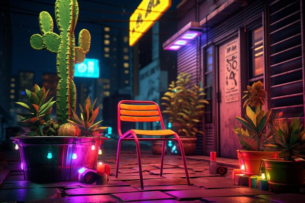 Photo a tall pot cactus sitting on a chair in front of some colorful lights and a neon sign in the style