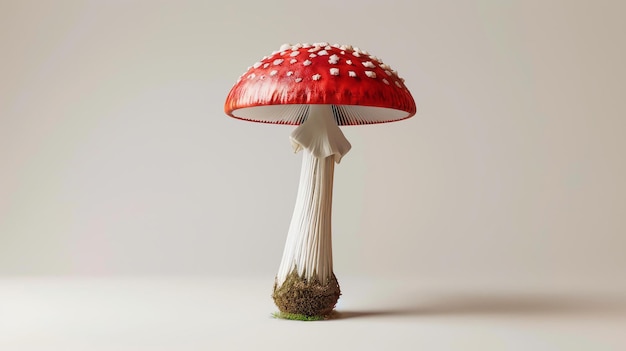 Photo a tall red mushroom with white spots on its cap stands out against a pale background the mushrooms stem is white