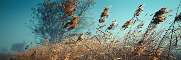 Tall reeds bathed in the warm light of a sunset on an autumn day